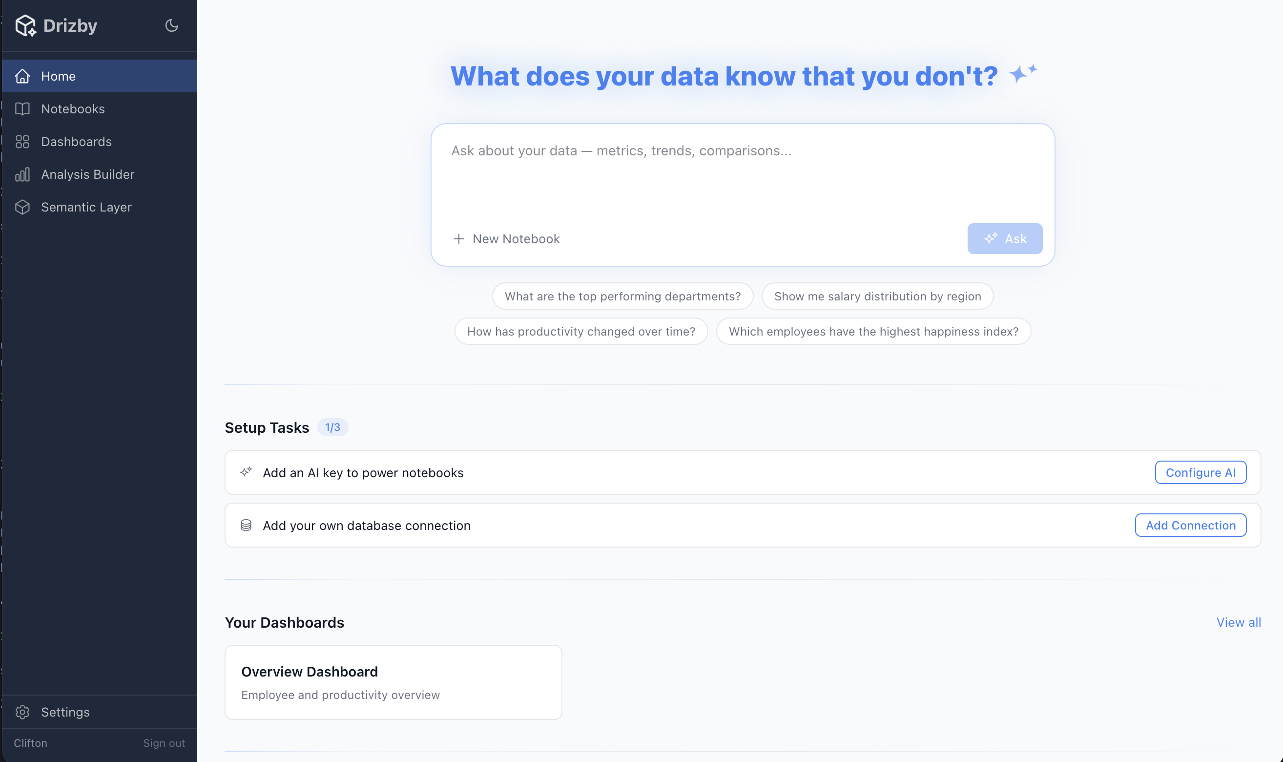 Drizby Home - AI-powered data exploration