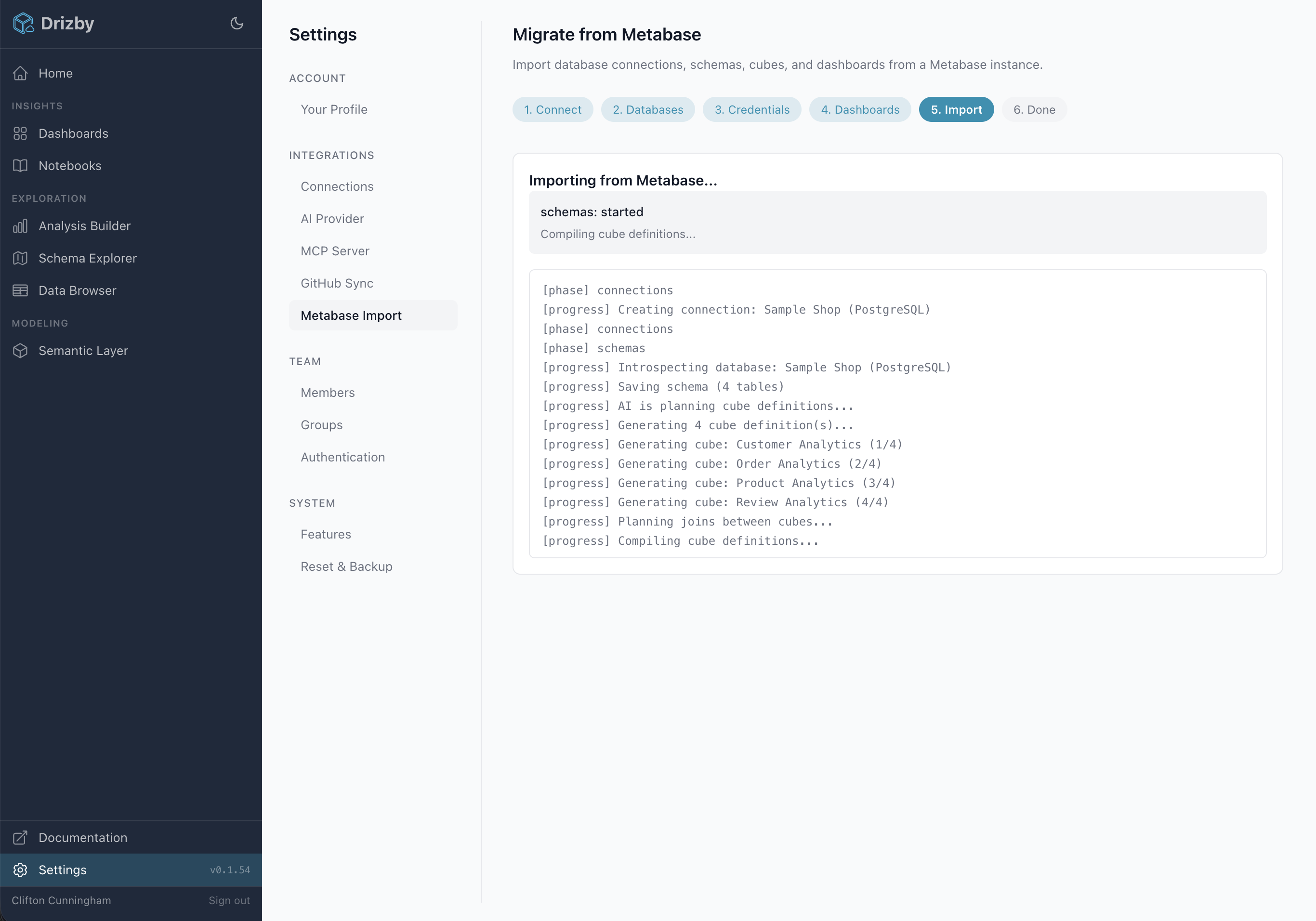 Drizby Metabase import wizard in progress